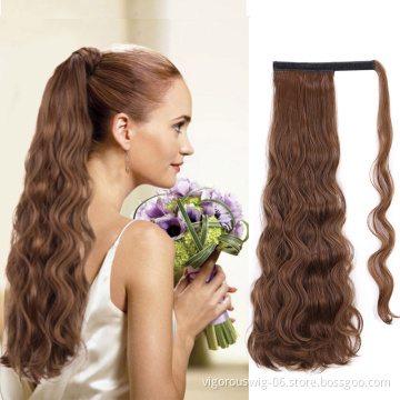 Vigorous 24 Inch Long Wavy Ponytail Extensions Synthetic Mixed Brown Wrap Around Ponytail Clip in on Hairpiece for Women Party